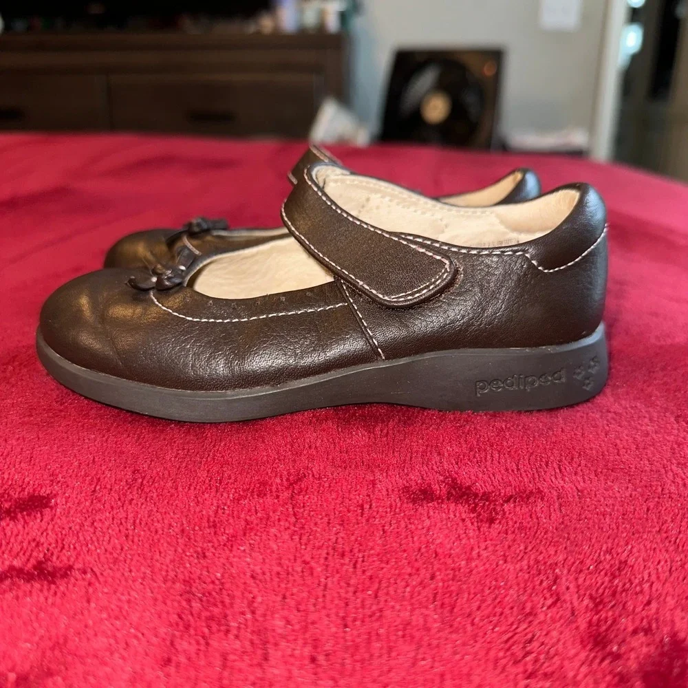 Pediped Flex‎ Kids Mary Jane Shoes Dark Brown Leather Bow Strap Size EU 26